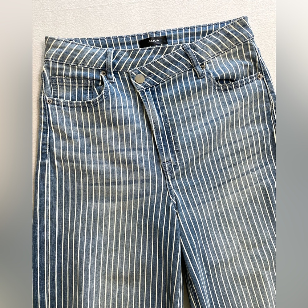 AQUA Striped High Rise Wide Leg Jeans Sailor Medium Wash Raw Hem Coastal Size 27 - Picture 7 of 14